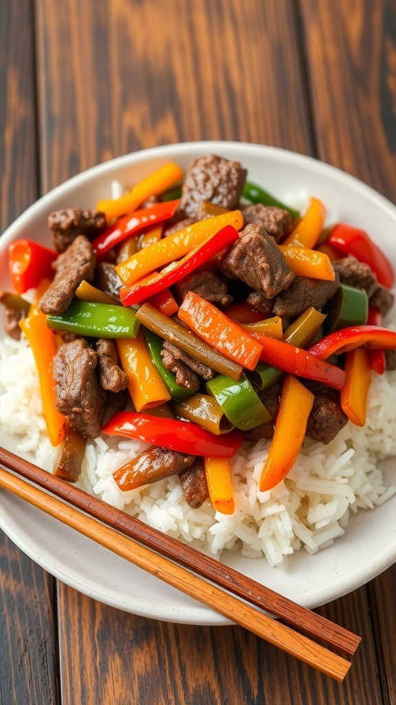 Beef and bell pepper stir-fry with rice, colorful vegetables, and chopsticks on a wooden table.